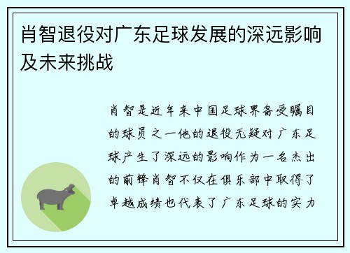 肖智退役对广东足球发展的深远影响及未来挑战